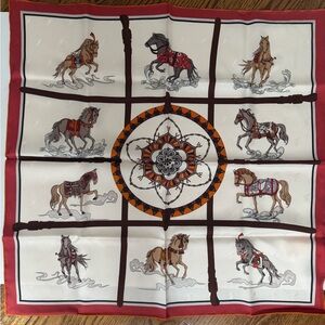 Silk-Feel Horse Print Square Scarf in Cream and Red